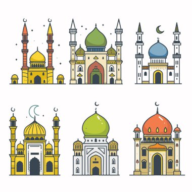 Altı renkli cami çizimi kubbeler, minareler, hilal. İslami mimariyi temsil eden düz vektör tarzı camiler, izole edilmiş beyaz arka plan. Geleneksel cami tasarımları farklı