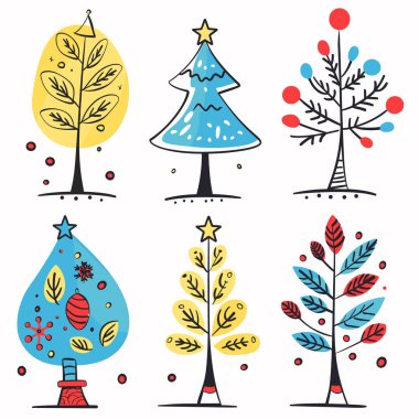 Six stylized Christmas trees, colorful modern festive decorations, various shapes patterns. Unique whimsical trees, playful holiday illustration, simple line art, vibrant colors, stars decoration clipart