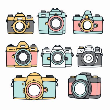 Beyaz arka planda sıralanmış renkli kameralar. Retro vintage kamera koleksiyonu sanatsal illüstrasyon. Çeşitli DSLR kameraları grafik tasarımı, fotoğrafçılık ekipmanları simgeleri