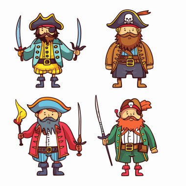 Four cartoon pirates various poses wielding weapons, colorful attire, hats, beards, pirate has distinctive look, weapons swords torch, wears pirate hat. Vibrant illustrated pirates, handdrawn style clipart