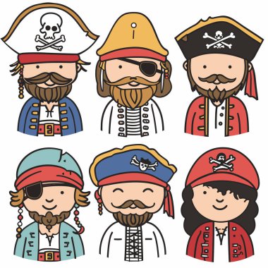 Altı karikatür korsanı resimli, üç erkek üç kadın karakter gülümsüyor, geleneksel korsan şapkaları takıyorlar, tricorn, bandana, göz bandı, altın küpe. Çeşitli set korsanları, renkli kıyafetler, süslenmiş.