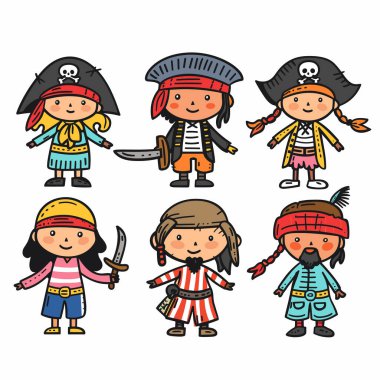 Korsanlar gibi giyinmiş altı çizgi film çocuğu, renkli kostümler, gülen yüzler, neşeli yüzler. Sevimli çocuklar korsan kıyafetleri, şapkalar, kılıçlar, eğlenceli maceracı temalar. Çeşitli çocuk korsanlar koleksiyonu