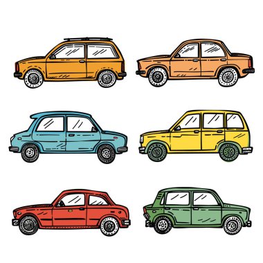 Renkli klasik arabaların yan görüntüsünü ayarlayın, el çizimi araçlar. Klasik otomobil çizgi filmi, koleksiyon retro arabalar. Altı farklı araba çizimi, canlı renkler, izole edilmiş beyaz arka plan.