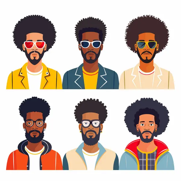stock vector Six distinct illustrations Black men featuring diverse hairstyles, facial hair, eyewear. Dressed stylish jackets shirts, showcasing various fashion styles accessories. Flat colors utilized, distinct
