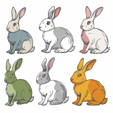 Altı renkli tavşan el çizimi, çeşitli kürk renkleri, oturma pozisyonları, çizgi film tarzı tavşanlar. Tavşanlar mavi, gri, beyaz, yeşil, turuncu renkler, sanatsal hayvan tasvirleri çiziyordu. Şirin.