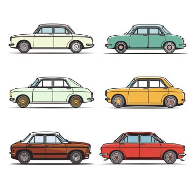 Altı klasik araba yan yana dizilmiş, belirgin renk bej, turkuaz, açık yeşil, sarı, kahverengi, kırmızı. Yan görünüm klasik araba koleksiyonu sedan, vektör grafiği, araba tasarımı, düz stil