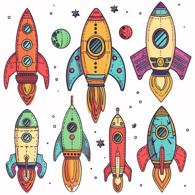 Colorful handdrawn rockets space exploration cartoon style design. Bright retro spacecraft doodle illustration, stars, planets cosmic journey. Childfriendly art playful interstellar travel rockets clipart
