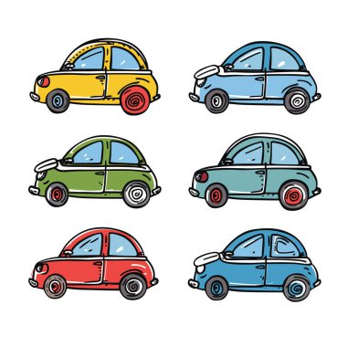 Altı renkli çizgi film arabası, eşsiz renk kombinasyonu tasarımı, klasik kompakt araç. Retro araç karikatür çizimleri, çeşitli renklerde, izole edilmiş küçük hatchback arabaları koleksiyonu. Klasik ekonomi.