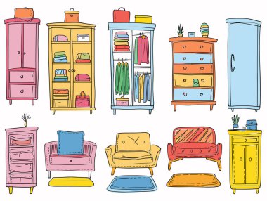 Renkli mobilyalar, gardıroplar, çekmeceler, iç döşemeler. El yapımı koltuklar, modern ev oturma odası. Saksı dekorasyonu, şık mobilyalar, moda gardırobu.