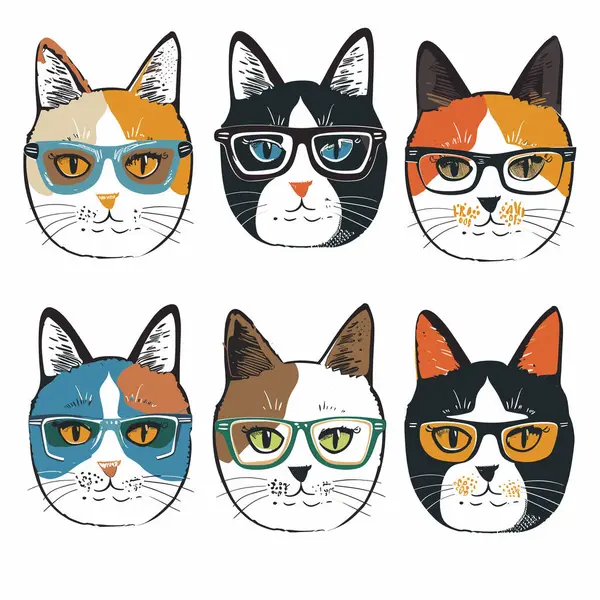 Шесть Кошек Различных Меховых Узоров Носить Красочные Очки Кошка Демонстрирует Векторная Графика