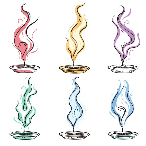 Seis Varillas Incienso Colorido Ilustración Varios Colores Remolino Humo Creciente Ilustración De Stock