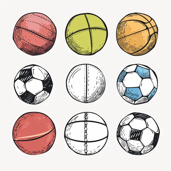 Установите Различные Спортивные Мячи Ручной Работы Включая Баскетбол Теннис Мячи Лицензионные Стоковые Иллюстрации