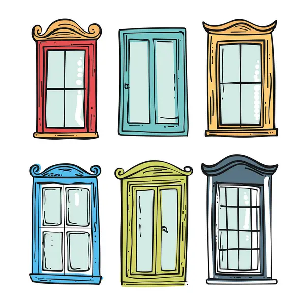 Coleção Vintage Windows Handdrawn Estilo Doodle Caixilhos Coloridos Das Janelas Gráficos De Vetores