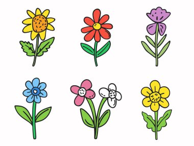 El yapımı renkli çiçekler, karikatür çiçek koleksiyonu, basit doğa tasarım elementleri. Altı farklı çiçek çizimi, canlı renkler, izole edilmiş beyaz arka plan, bahçe bitkileri. Çocukça çizim