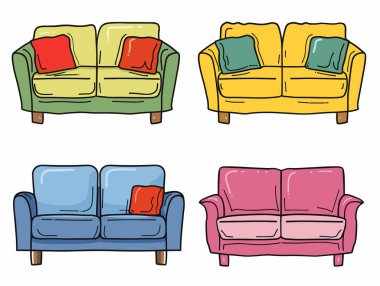 Dört renkli kanepe illüstrasyonu, mobilya koleksiyonu konsepti, yeşil, sarı, mavi, pembe koltuklar. El yapımı kanepeler, canlı renkler, oturma odası iç dizayn unsurları. Rahat.