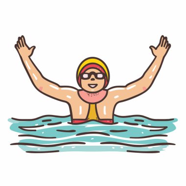 Mutlu yüzücüler zafer havuzunu kutluyor. Gözlüklü çizgi film atleti yüzme şapkası kollarını kaldırdı. Su dalgaları