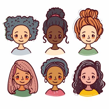 Çeşitli kadın karakterleri tasvir eden grafiksel çizimler farklı saç şekilleri ve yüz ifadeleri. Çizgi film stili, kadınların farklı etnik geçmişleri, açık gülümsemeleri var. Renkli sanat eserleri