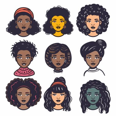 Collection diverse African female faces hairstyles. Young black women cartoon avatars expressive facial features. Set African ethnicity ladies different hairdos fashion accessories clipart