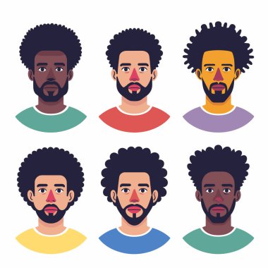 Altı Afro-Amerikan erkek avatarı farklı yüz ifadeleri sergiliyor. Saç stili, sakal, bıyık, afro saç stili. Renkli giysiler kişilik katar