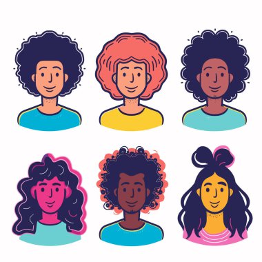 Çeşitli insanlar, değişik saç stilleri, renkli kıyafetler, neşeli ifadeler. Altı çizgi film karakteri, farklı etnik kökenler, gülümseyen, cinsiyetsiz tasarımlar. Vektör avatarları, düz dizayn