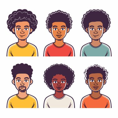 Altı farklı çizgi film karakteri, belirgin ifade giysi rengi. Afrika kökenli, farklı cinsiyetler tasvir edilmiş, stilize saçlar, gülümseyen ifadeler, üstünkörü kıyafetler, portre tarzı. Görüntü erkeği