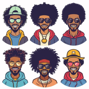Altı çizgi film portresi gülümseyen siyah adam afro aksesuarlar, karakter sporları farklı gözler, şapkalar, neşeli ifadeler. Renkli modern sokak giyimi stili kişilik sergiliyor