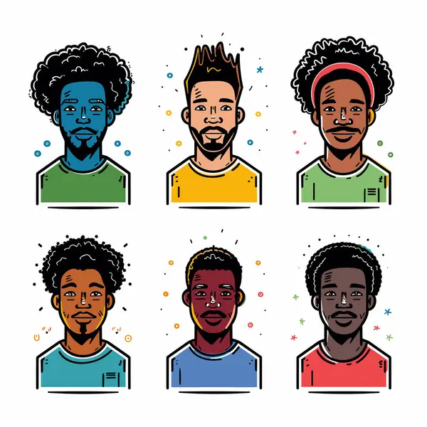 stock vector Six diverse male portraits cartoon illustration, smiling faces, various hairstyles, man presented different expression, casual clothing, colorful design. African ethnicity, cheerful mood, avatar