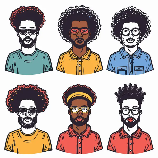 stock vector Six diverse African American men portraits distinct hairstyles facial hair, wearing glasses colorful shirts. Cartoon style illustration male characters showcasing different fashion trends