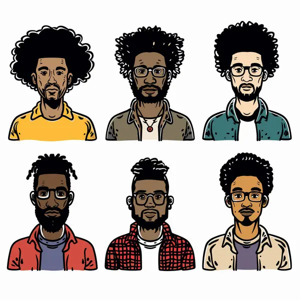 Шесть Афро Американских Мужчин Аватаров Различных Причесок Лица Носить Случайные Векторная Графика