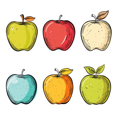 El çizimi renkli elmalar. Taze meyve çeşitleri renkli çizimler izole edilmiş beyaz arka plan. Meyveli elma, canlı, yenilebilir sağlıklı çerez çizimi.