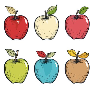 Altı renkli elma vektör illüstrasyonu, el çizimi meyve koleksiyonu izole edilmiş beyaz arka plan. Kırmızı, sarı, yeşil, mavi, bej elmalar, olgun taze meyve, farklı tonlar, çizim tarzı.