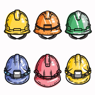 Elle çizilmiş inşaat başlıkları çeşitli renklerde. Güvenlik miğferleri inşaat işçilerinin resimlerini gösteriyor. Karikatür tarzı başlık, işçi koruması, izole edilmiş beyaz arkaplan