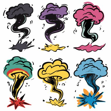 Collection colorful comic style explosion illustrations featuring various smoke puffs blast effects. Vibrant cartoon explosions depict action scenes, perfect stylized graphic designs. Explosions clipart