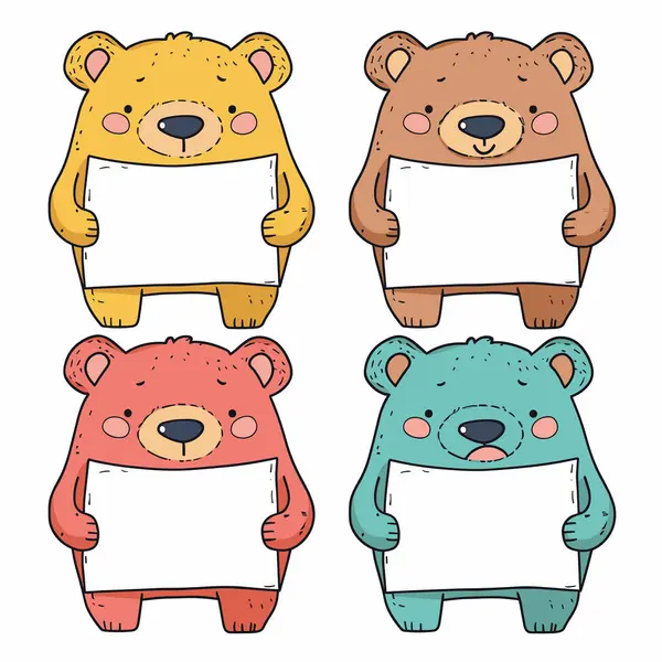 Четыре Милых Мультяшных Медведя Разного Цвета Пустыми Вывесками Верхний Левый Векторная Графика