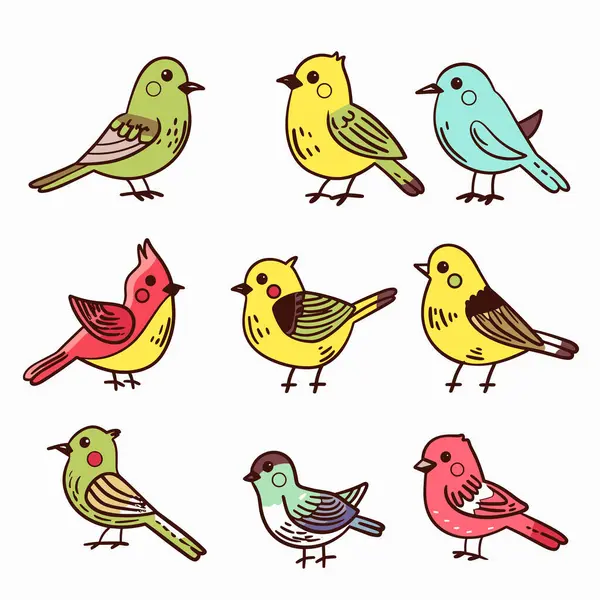 Coleção Aves Coloridas Desenhadas Mão Estilo Cartoon Branco Isolado Conjunto Vetores De Stock Royalty-Free
