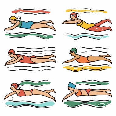 Yüzücülerin çizgi film karakterleri serbest stil inme, renkli mayo, farklı stiller, yüzme havuzu çizgileri, çeşitli yüzme şapkaları, spor aktiviteleri, değişik yüzme gözlükleri. Atletik yüzücüler