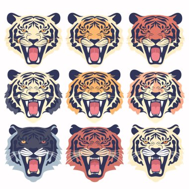 Dokuz kaplan yüzü koleksiyonu, farklı stillerde renkler sergileniyor, kaplan vahşi ifadeler sergiliyor, ideal maskot tasarımı. Varyasyonlar klasik turuncu, tek renkli, ateşli kırmızı tonlardır