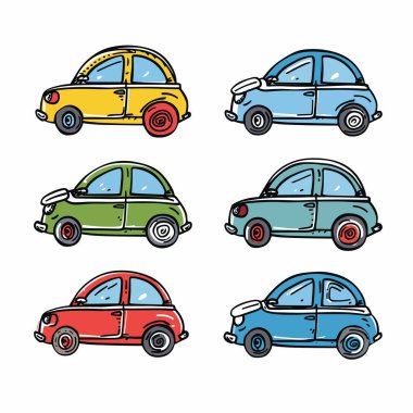 Koleksiyon altı renkli eski araba çizgi film tarzı izole edilmiş beyaz arka plan. Klasik araçlar, çeşitli renkler kırmızı mavi, yeşil, detaylı hatlar. Klasik minyatür araba koleksiyonu.