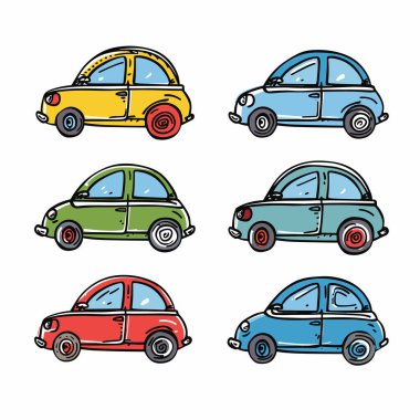 Renkli klasik araba illüstrasyonu, kompakt klasik otomobil koleksiyonu. Altı küçük eski araba, el çizimi, çok renkli araçlar, yan görüş. Karikatür gibi küçük arabalar, izole beyaz arka plan.