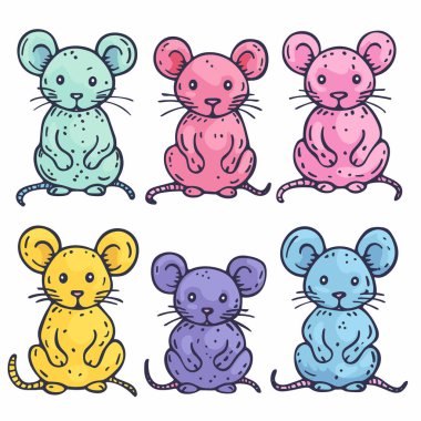 Altı sevimli çizgi film faresi, renkli basit tasarım, fare farklı rengi, mutlu ifade, el çizimi tarzı. Oturan kemirgenler, çeşitli pastel gölgeler, izole edilmiş beyaz arka plan.