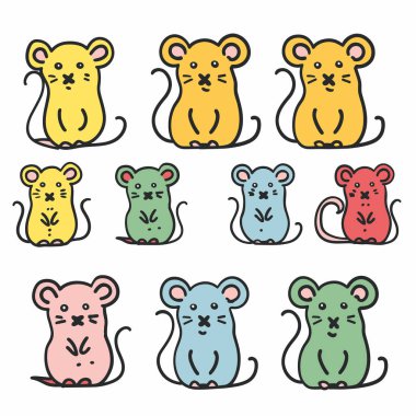 Koleksiyon renkli çizgi film fareleri farklı yüz ifadeleri duyguları. Dokuz sevimli fare karakteri farklı renklerde izole edilmiş beyaz arka plan. Mutlu, üzgün, şaşırmış fare çizgi film stili çocuklar.