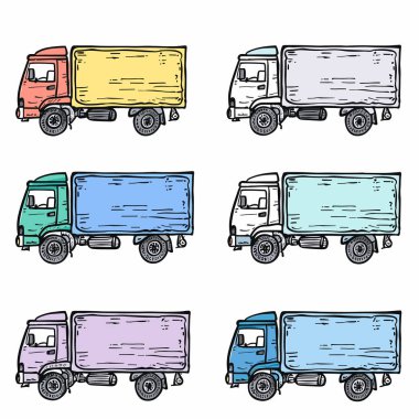 El yapımı kamyonlar, çeşitli renkler, yan görünüm araçları çizimi. Renkli teslimat kamyonları koleksiyonu, kargo araçları çizilmiş. Kamyon çizimleri, renkli kargolar.