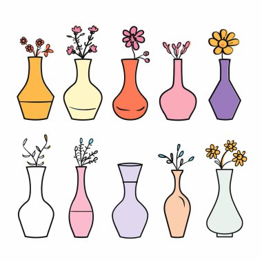 Koleksiyon renkli vazolar çiçekler, basit tasarım, ev dekorasyonu, vektör sanatı. Çeşitli vazolar pastel renkler, dekoratif çiçekler, minimalist çiçek düzenlemeleri, grafik çizimler. On iki farklı.