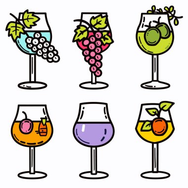 Çeşitli meyve şarabı kokteyllerini temsil eden farklı meyvelerden altı renkli şarap bardağı koyun. Kalın hatlar, parlak renkler, çizgi film stili, uygun menü tasarımlı içecek temalı grafikler. Meyveler