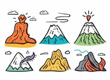 Colorful volcano illustration set featuring various eruption stages. Handdrawn cartoon volcanoes erupting, smoking, dormant. Whimsical volcano doodles ideal educational material clipart