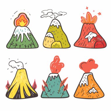 Renkli çizgi film volkanları patlıyor, duman, lav. El çizimi karalama stili altı volkan, çeşitli patlamalar, eğlenceli tasarımlar. Ayrı çizimler, canlı renkler, jeoloji, doğa, afet teması