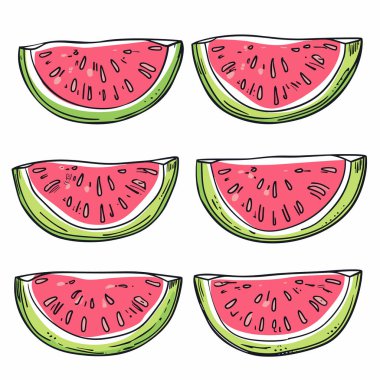 El yapımı karpuz dilimleri, canlı pembe yeşil renkler, yaz meyve tasarımı. Taze karpuz çizimi, sulu tohum dokusu, olgun kavun çizimi izole edilmiş beyaz arka plan. Çizgi film bölümleri