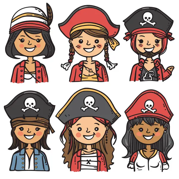 stock vector Six cartoon pirate characters smiling portrayed different expressions. Various pirate hats, feminine styles, playfulness perfectly childrens book illustrations. Diverse ethnicities, casual