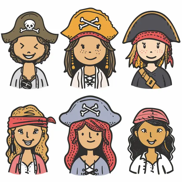 stock vector Six cartoon pirate faces diverse ethnicity smiling children wearing various pirate hats. Kids play pirates different hats headscarves cute cartoon style. Boys girls dressed pirates happy expressions