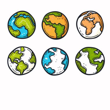 Set cartoonstyle Earth globes showing different continents oceans. Colorful planet Earth illustrations, handdrawn geography icons, various world maps. Six globes feature vibrant representations clipart